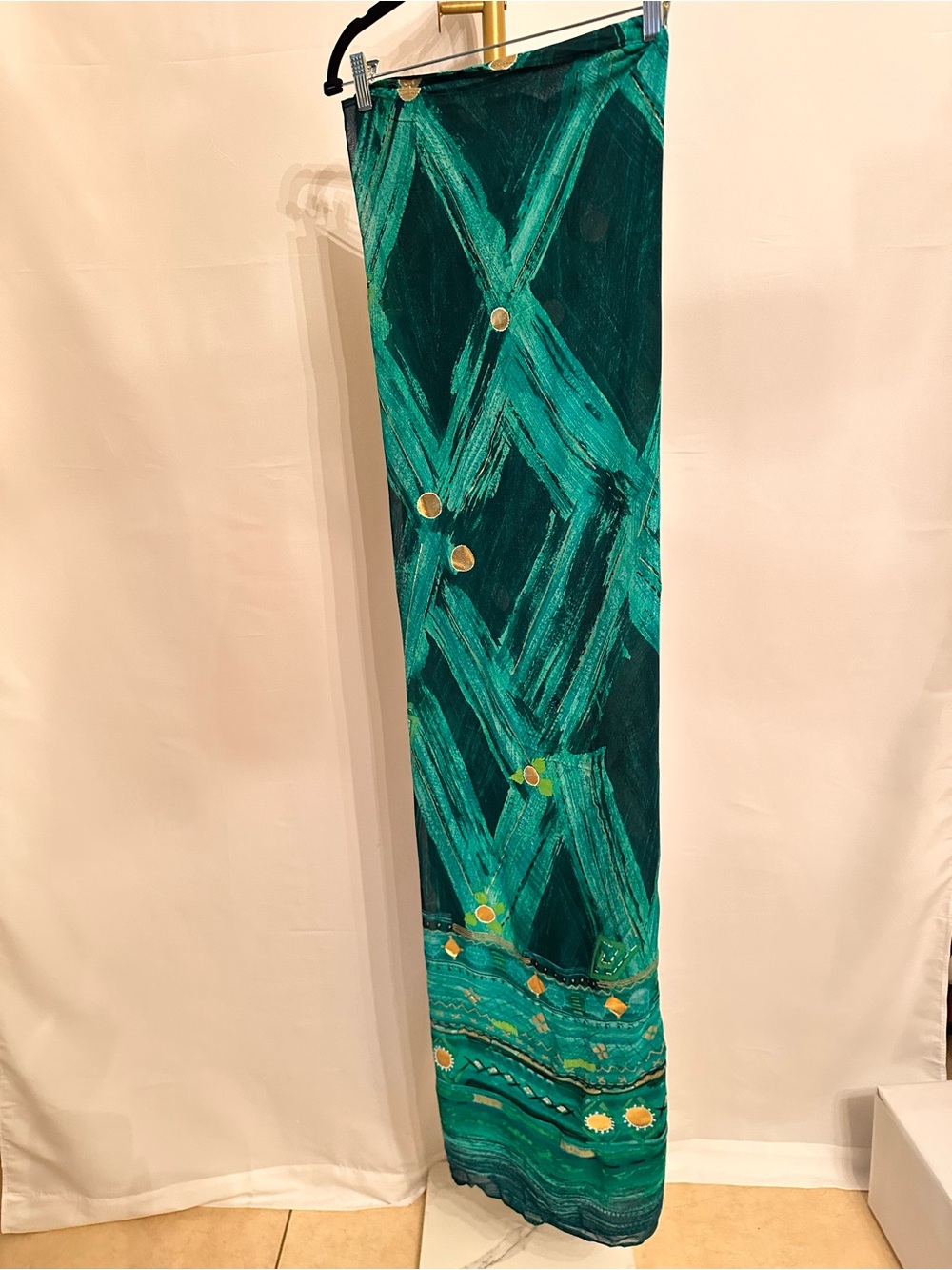 Gottex Green Teal Brushstroke Swim Sarong with Gold Accents